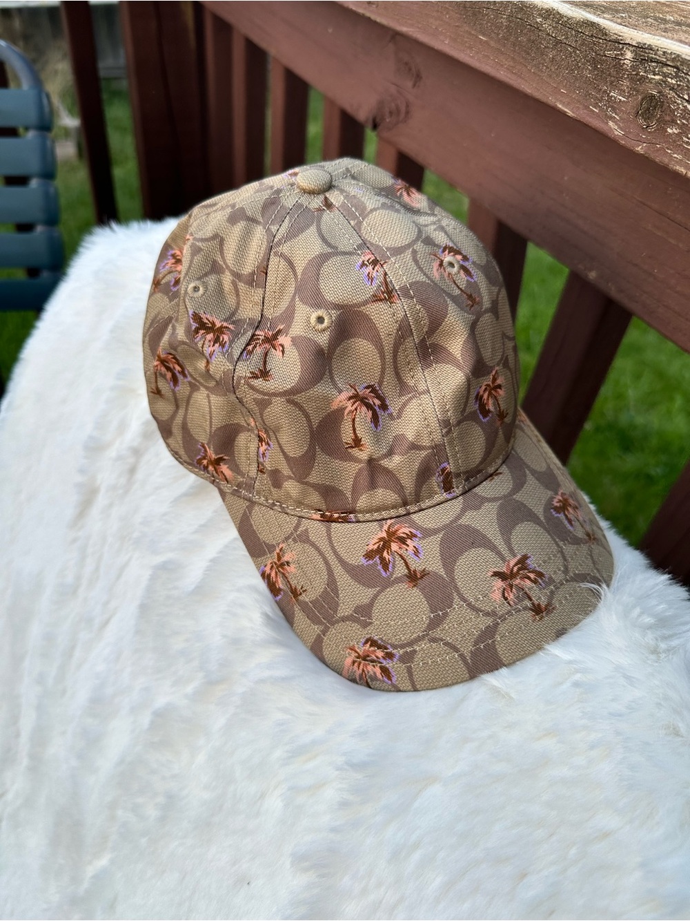 Coach Beige Monogram Kids Baseball Cap with Pink Palm Detail
